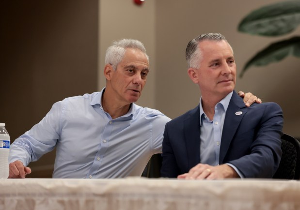 Former Chicago mayor and ambassador to Japan Rahm Emanuel, left, campaigns with Florida Democratic gubernatorial candidate David Jolly at the Wynmoor Democratic Club on Monday, Oct. 5, 2026 in Coconut Creek.(Joe Raedle/Getty Images)
