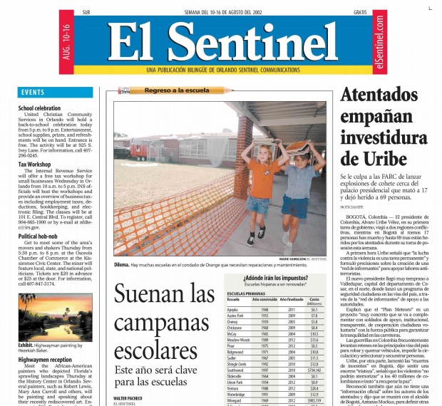 In 2001, the Orlando Sentinel launch El Sentinel  a free, bilingual weekly with English and Spanish presented side-by-side. (Orlando Sentinel file)