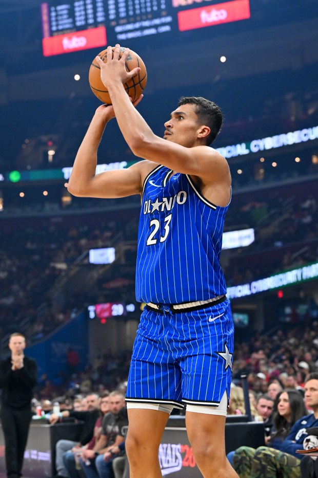 CLEVELAND, OHIO - OCTOBER 11: Tristan da Silva #23 of the Orlando Magic shoots during the first quarter of a preseason game against the Cleveland Cavaliers at Rocket Arena on October 11, 2026 in Cleveland, Ohio. NOTE TO USER: User expressly acknowledges and agrees that, by downloading and or using this photograph, User is consenting to the terms and conditions of the Getty Images License Agreement. (Photo by Jason Miller/Getty Images)