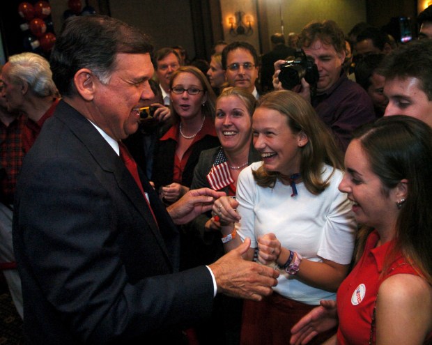 Candidate Mel Martinez is congratulated at a victory party in Orlando following his victory in the 2004 U.S. Senate race. Martinez, already the first Hispanic Orange County mayor, became the first Cuban American to serve in the Senate. (Joe Burbank/Orlando Sentinel file)