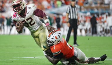 Florida State RB Ousmane Kromah carted off field at Miami, his left leg placed in air cast
