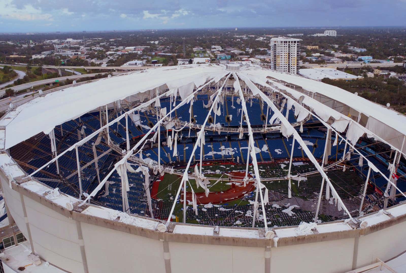 Hurricane Milton blew the roof off of Tropicana Field in St. Petersburg, FL, on Oct. 10, 2024.