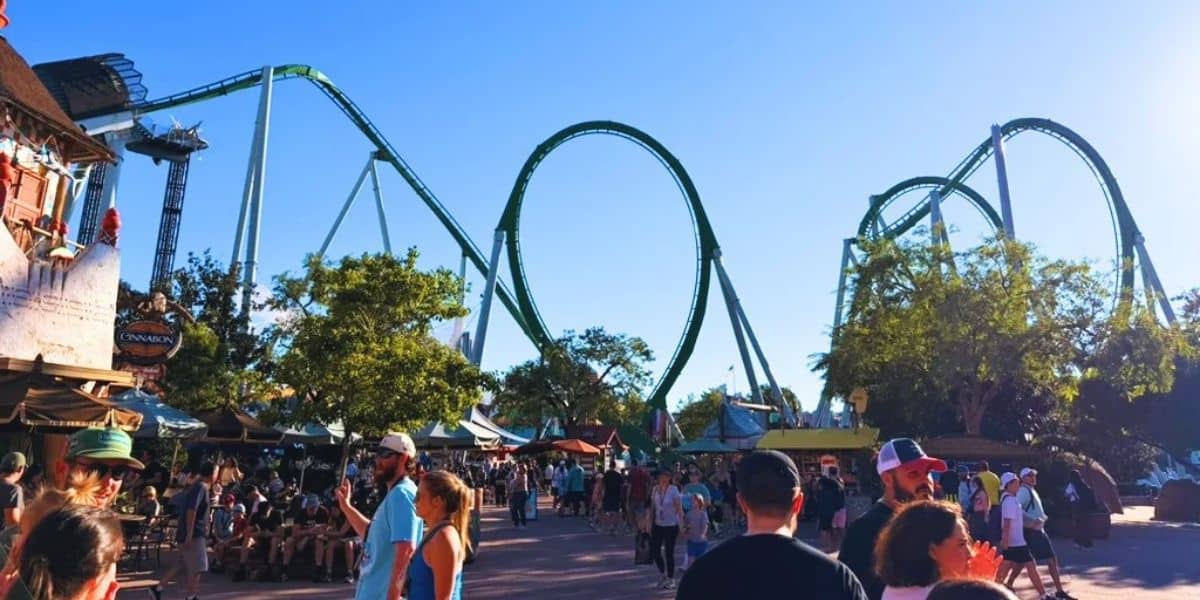 The Incredible Hulk Coaster at Universal Islands of Adventure surrounded by guests