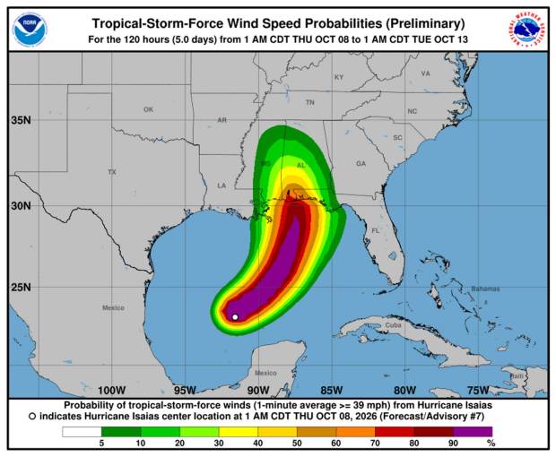 Projected wind field of Tropical Storm Isaias . (NHC)