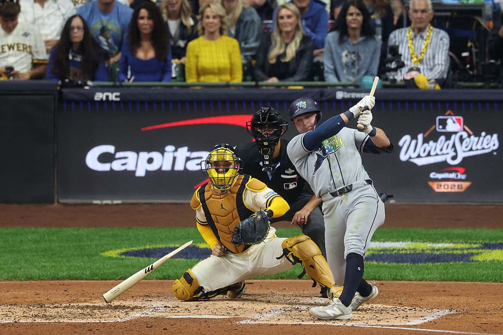 Ben Williamson #15 of the Tampa Bay Rays breaks his bat while hitting the ball during the fifth inning against the Milwaukee Brewers in game one of the 2026 World Series at American Family Field on Oct. 23, 2026 in Milwaukee, Wisconsin.