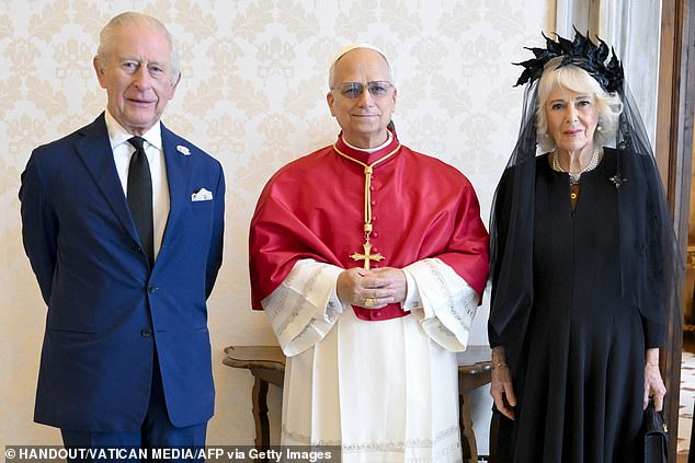 Pope Leo XIV meets King Charles III and Queen Camilla at the Vatican this morning