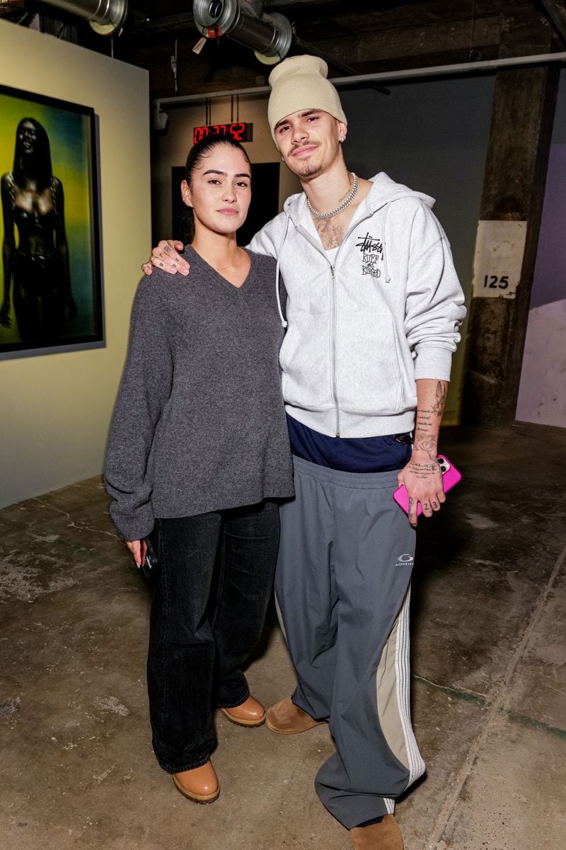 Kim Turnbull and Romeo Beckham attend the Gabriel Moses: Selah Opening Reception at 180 Studios on March 27, 2025