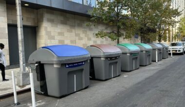 Some of the new trash container bins that the NYC Dept. of Sanitation recently installed around Community Board 2. Photo courtesy of DSNY