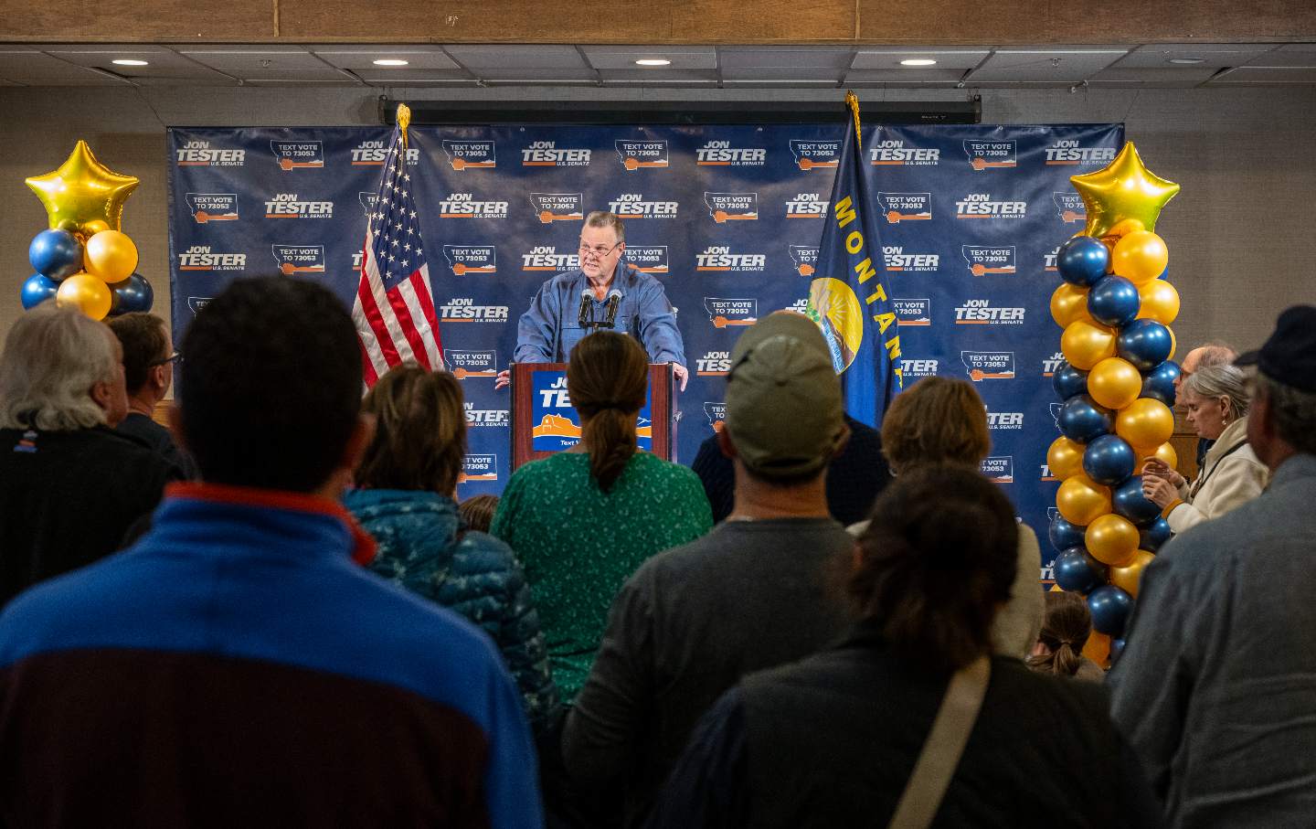 US Senator Jon Tester (D-MT) addresses supporters as they wait for election results at an election night event on November 5, 2024.