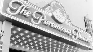 Signage is seen during an event at the Paramount Pictures lot in Los Angeles, California, on July 27, 1988.