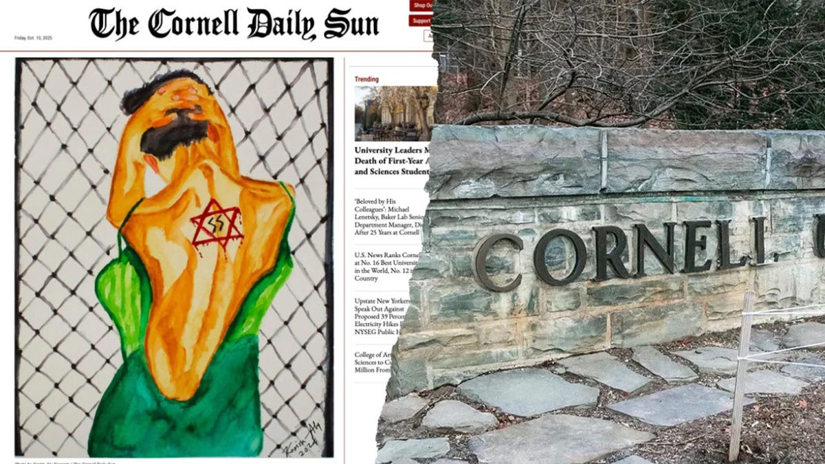An image of a Palestinian person with a bloodied Star of David in The Cornell Sun newspaper. 