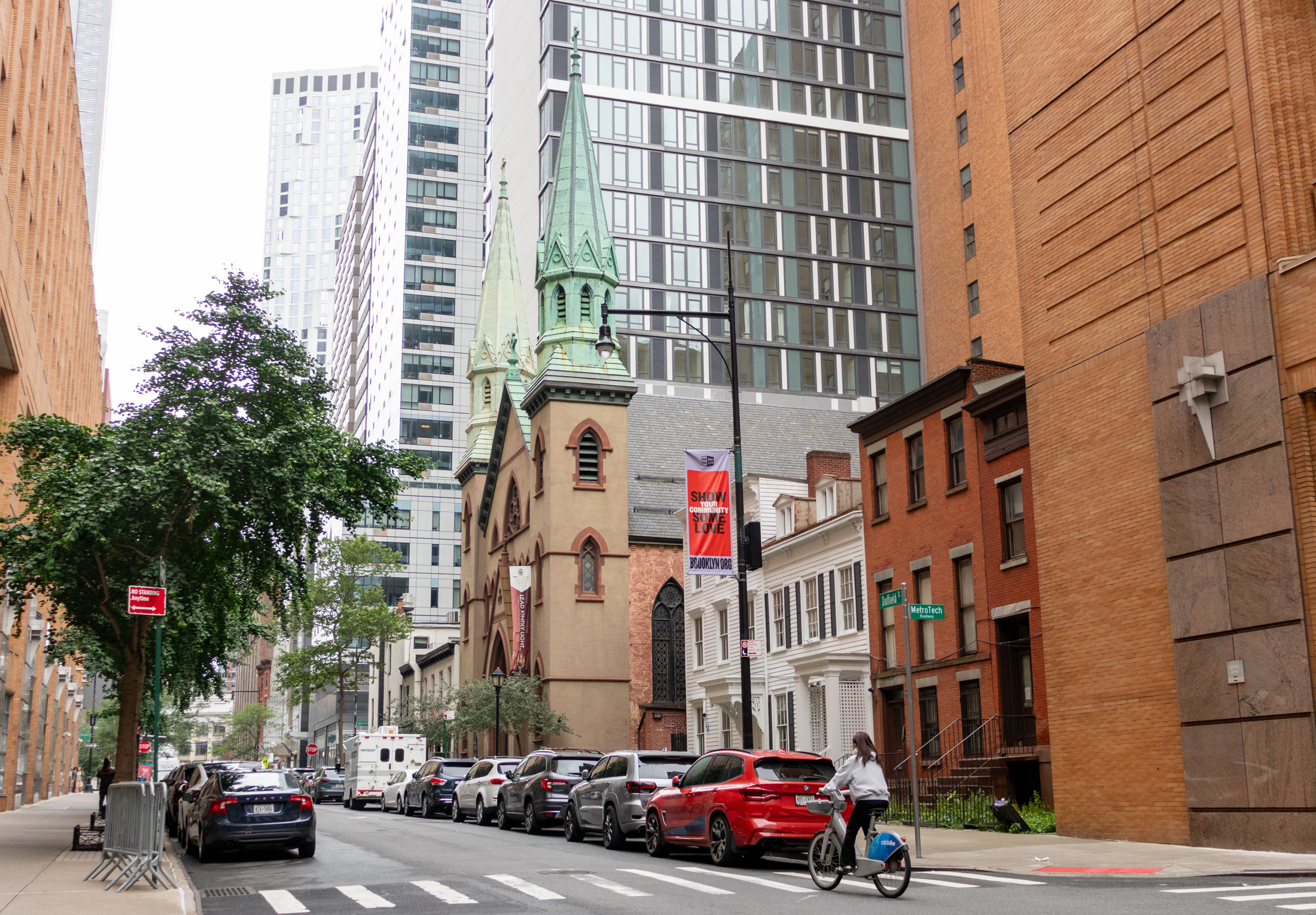 brooklyn - row of small houses and a church on duffield street