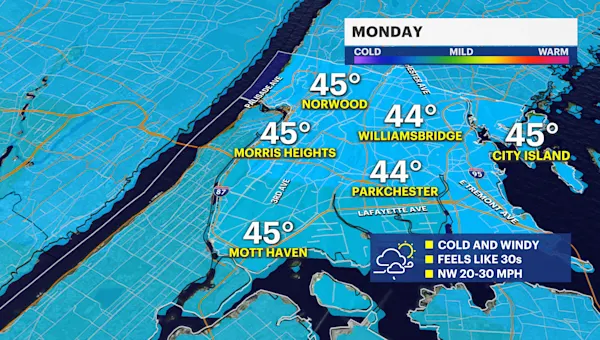 Gusty overnight ahead of cold Monday morning in The Bronx