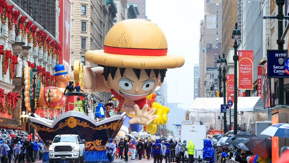 NEW YORK, NEW YORK - NOVEMBER 28: The Monkey D. Luffy balloon floats during the Annual Thanksgiving Day Parade on November 28, 2024 in New York City. (Photo by Kena Betancur/Getty Images)