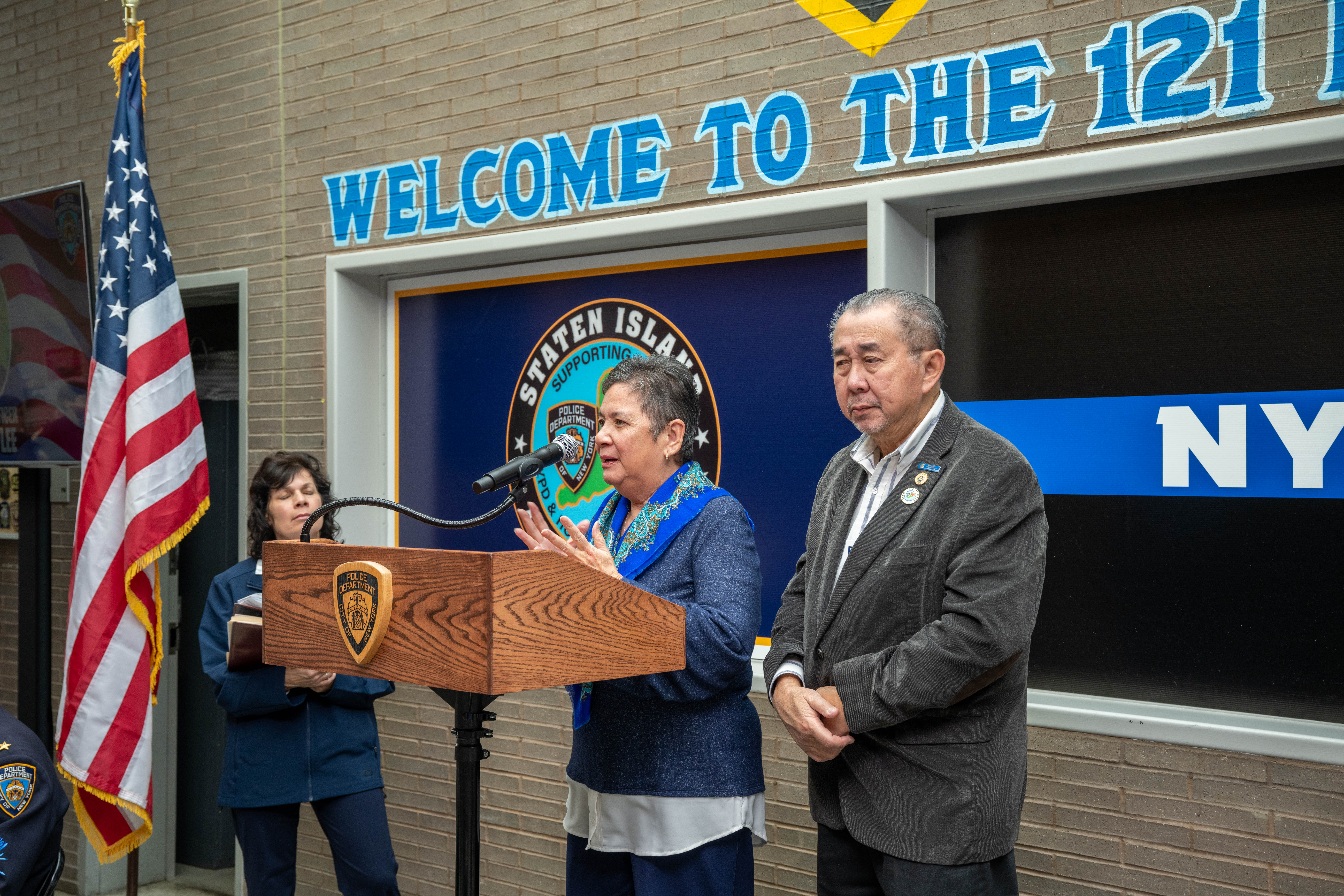 Friends, family, community leaders, elected officials, and fellow NYPD members gather at the 121st Precinct on Saturday, November 15, 2025, in Graniteville for the 10th annual Staten Island Remembers, honoring fallen Staten Islanders who served in the New York Police Department. (Owen Reiter for the Advance/SILive.com)