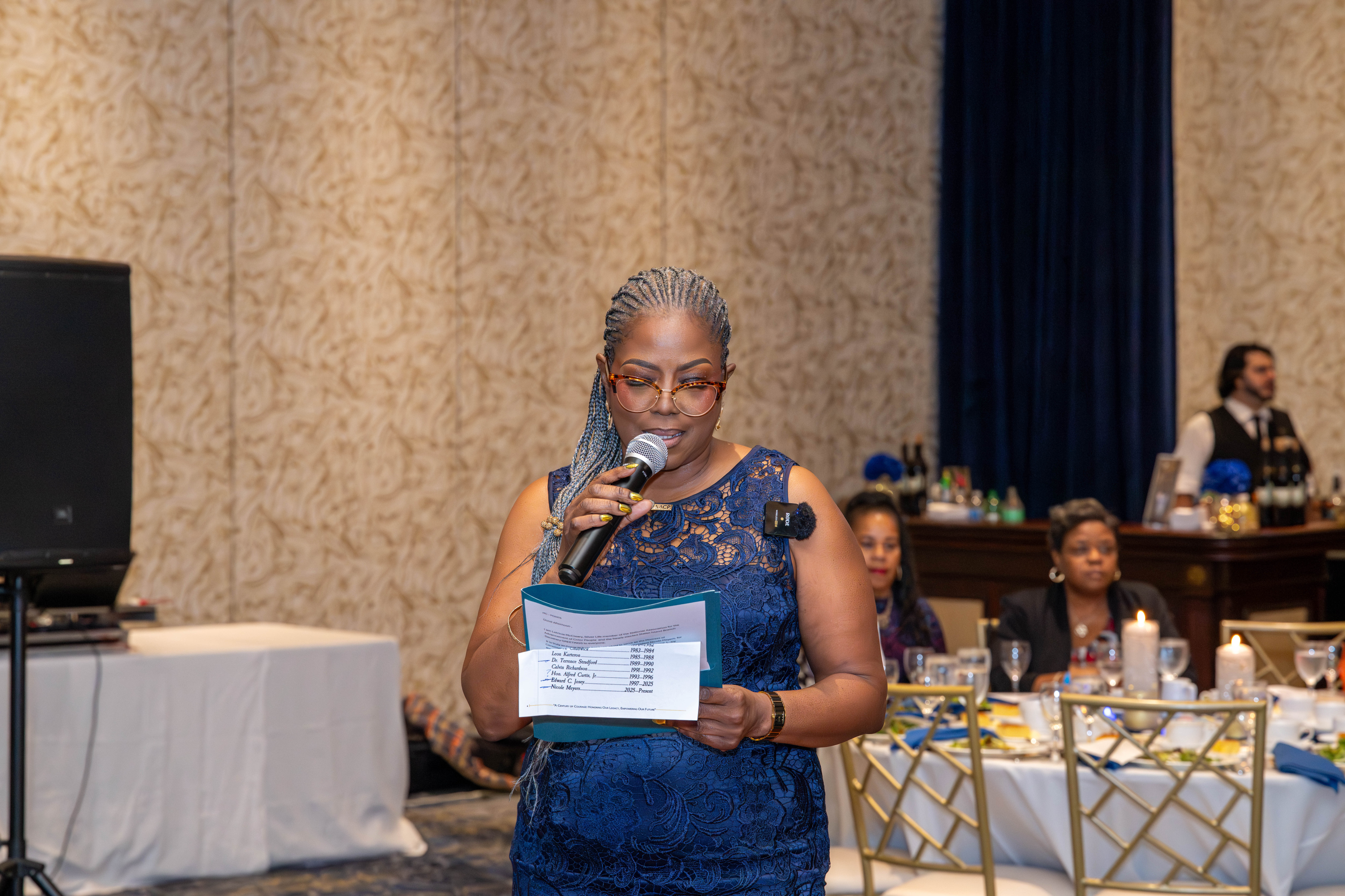 Mistress of Ceremonies Letricia McCleary introduces guests at the Staten Island NAACP’s Freedom Fund Luncheon held at Nicotra’s Ballroom at the Hilton Garden Inn on Saturday, November 8, 2025, in Bloomfield. The milestone event marked 100 years of service to the community. (Owen Reiter for the Advance/SILive.com)