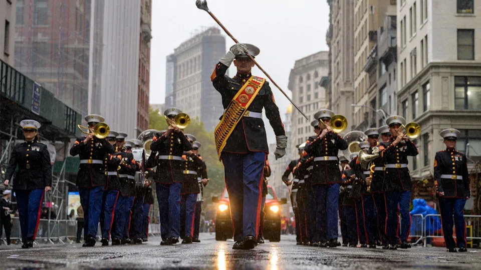 <div>A US Marine Corps band marches during the annual Veterans Day Parade in New York on November 11, 2022. <strong>(Photo by ANGELA WEISS / AFP) (Photo by ANGELA WEISS/AFP via Getty Images)</strong></div>