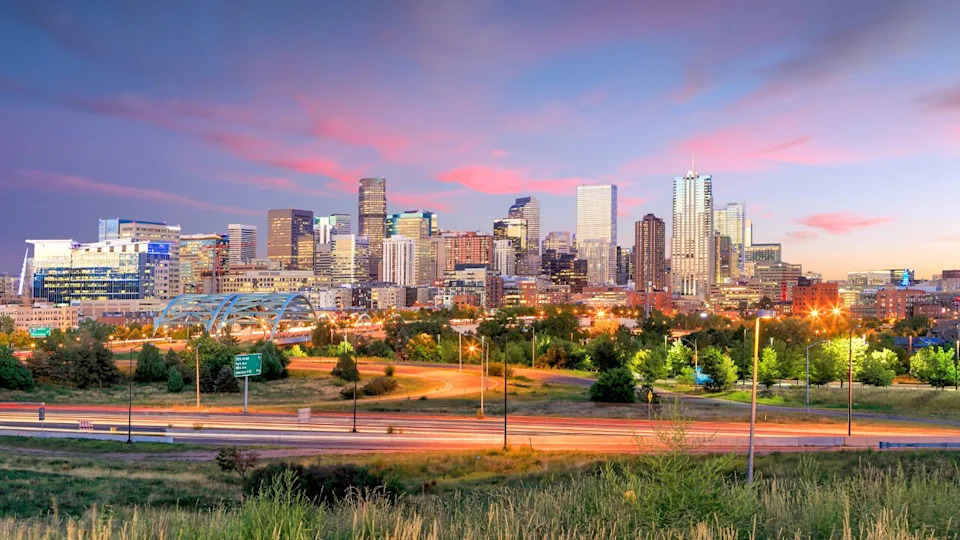 Panorama of Denver skyline long exposure at twilight.