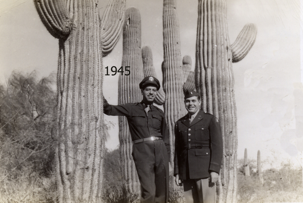 This is my dad Morty Goldberger on the left of this photo taken 1945, right before the war ended. He was born in Brooklyn New York, and practiced dentistry there. He was a captain in the Army Air Corps . He was a dentist stationed in New Mexico. We lived on the air base Fort Sumner in Albuquerque from about 1943- 1945 where he was in the dental corps. He did dental work on American servicemen, and German POWs. He jokingly would tell me he would pull Nazi teeth slowly. He passed away in 1994, at 83 years of age.(Submitted by Herb Goldberger)