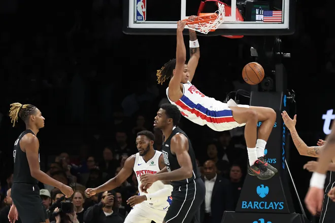 Detroit Pistons forward Bobi Klintman dunks the ball during the first half of an NBA Cup basketball game against the Brooklyn Nets, Friday, Nov. 7, 2025, in New York. (AP Photo/Heather Khalifa)