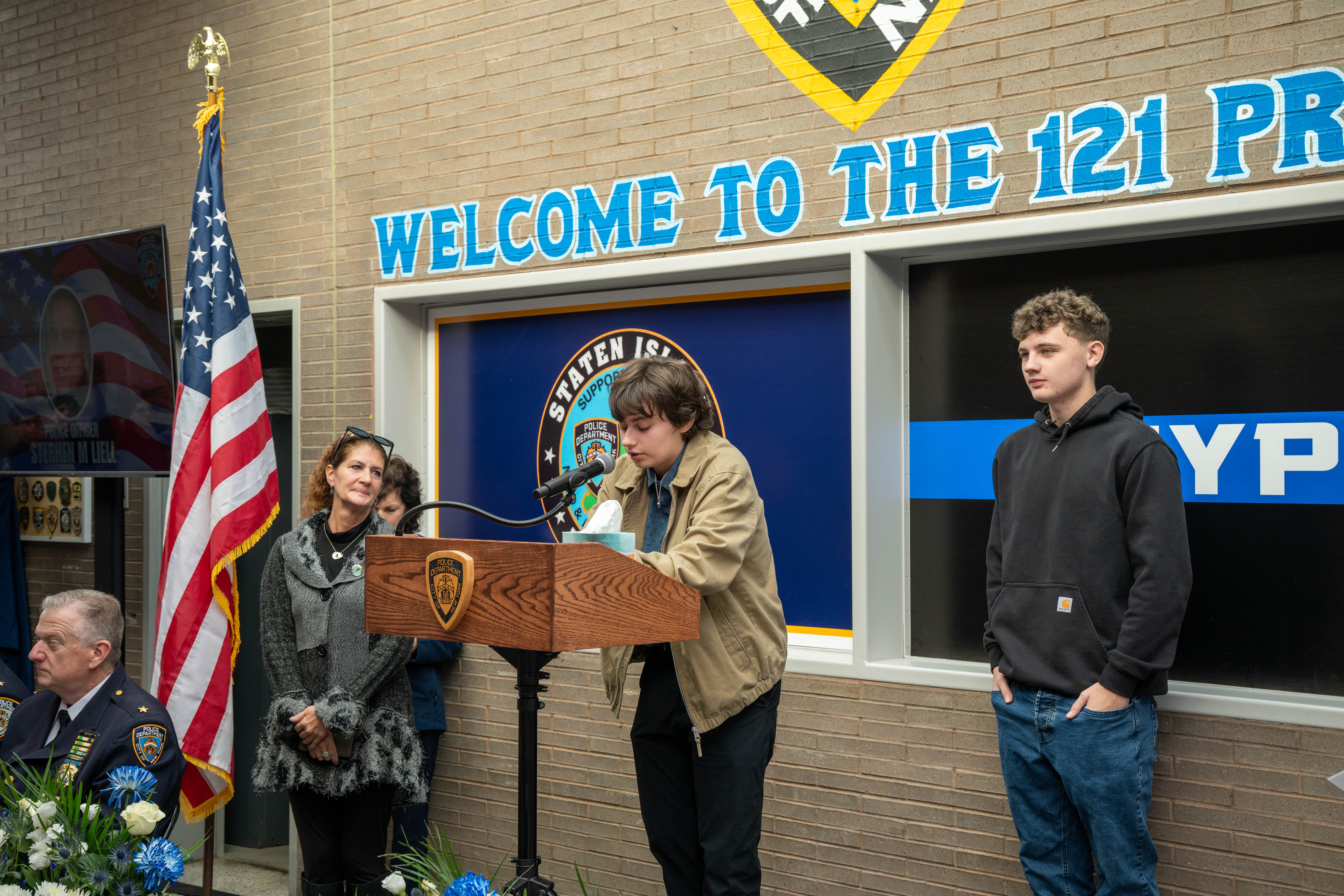 Friends, family, community leaders, elected officials, and fellow NYPD members gather at the 121st Precinct on Saturday, November 15, 2025, in Graniteville for the 10th annual Staten Island Remembers, honoring fallen Staten Islanders who served in the New York Police Department. (Owen Reiter for the Advance/SILive.com)