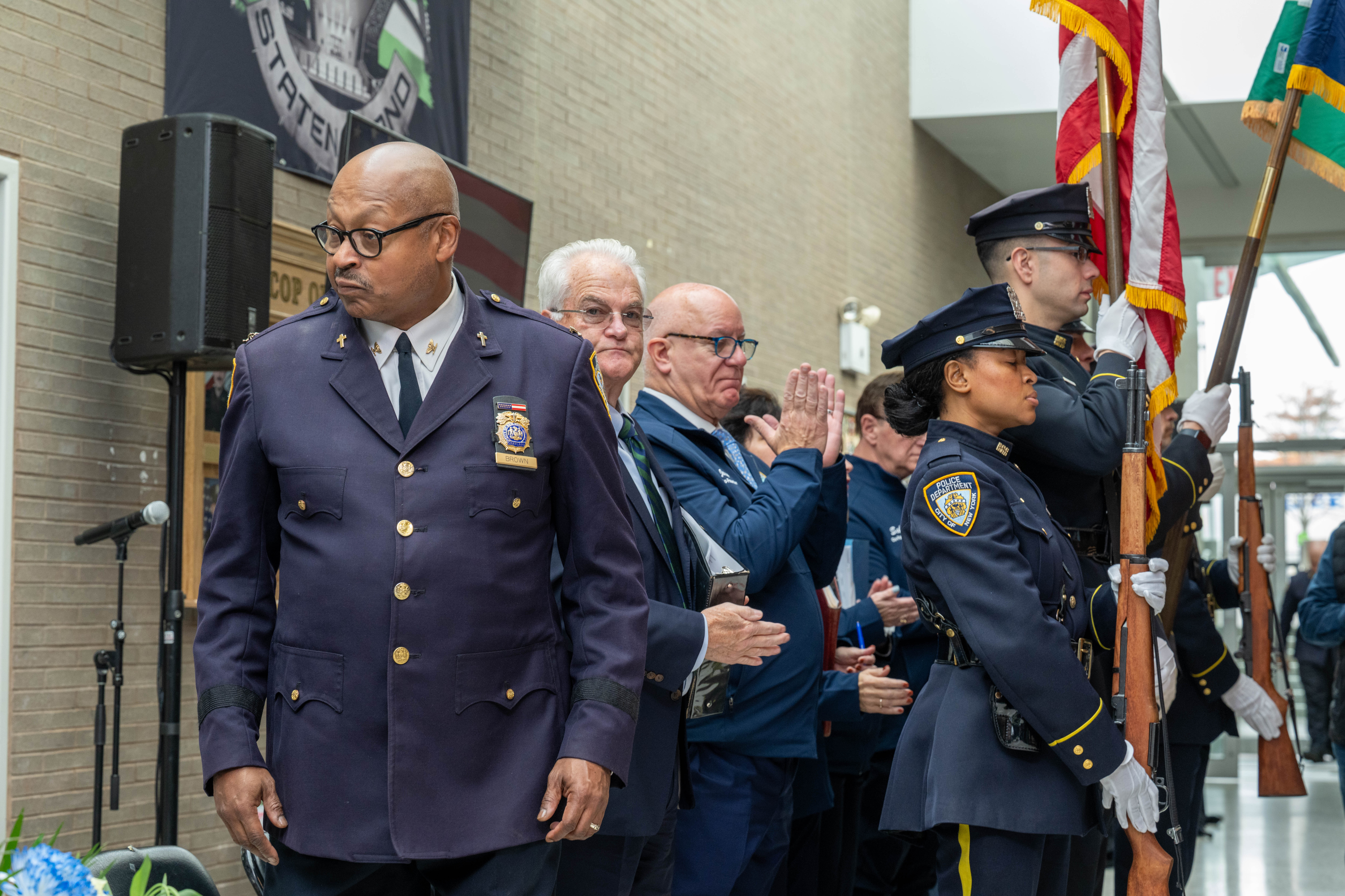 Friends, family, community leaders, elected officials, and fellow NYPD members gather at the 121st Precinct on Saturday, November 15, 2025, in Graniteville for the 10th annual Staten Island Remembers, honoring fallen Staten Islanders who served in the New York Police Department. (Owen Reiter for the Advance/SILive.com)