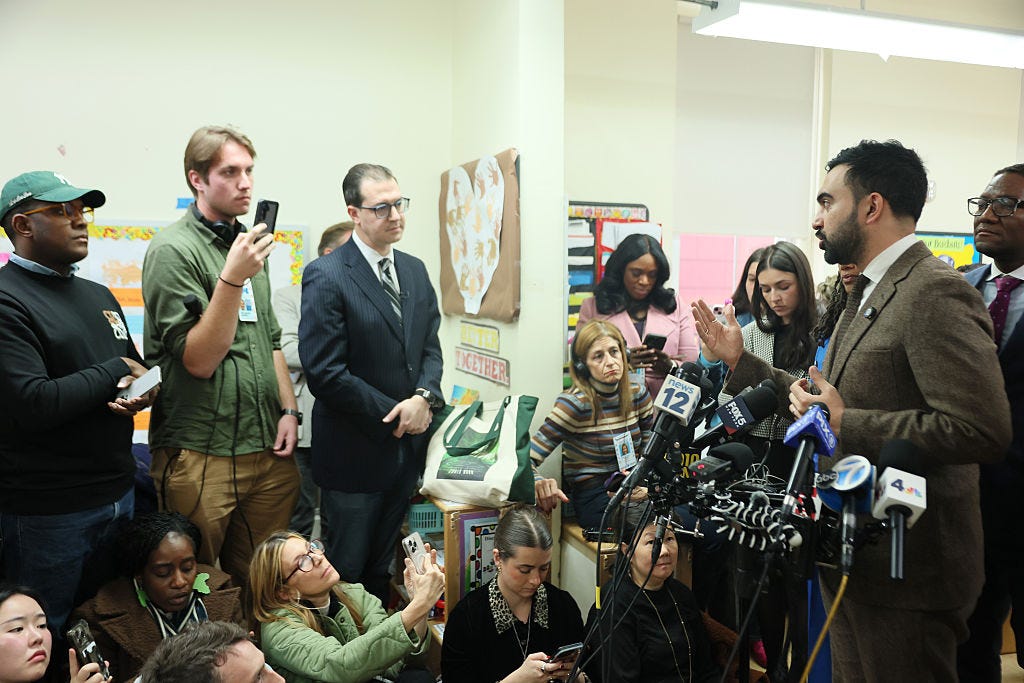 New York City Mayor-elect Zohran Mamdani speaks with members of the press after interacting with Pre-K students at Friends of Crown Heights Education Center on November 13, 2025 in the Flatbush neighborhood of the Brooklyn borough in New York City.