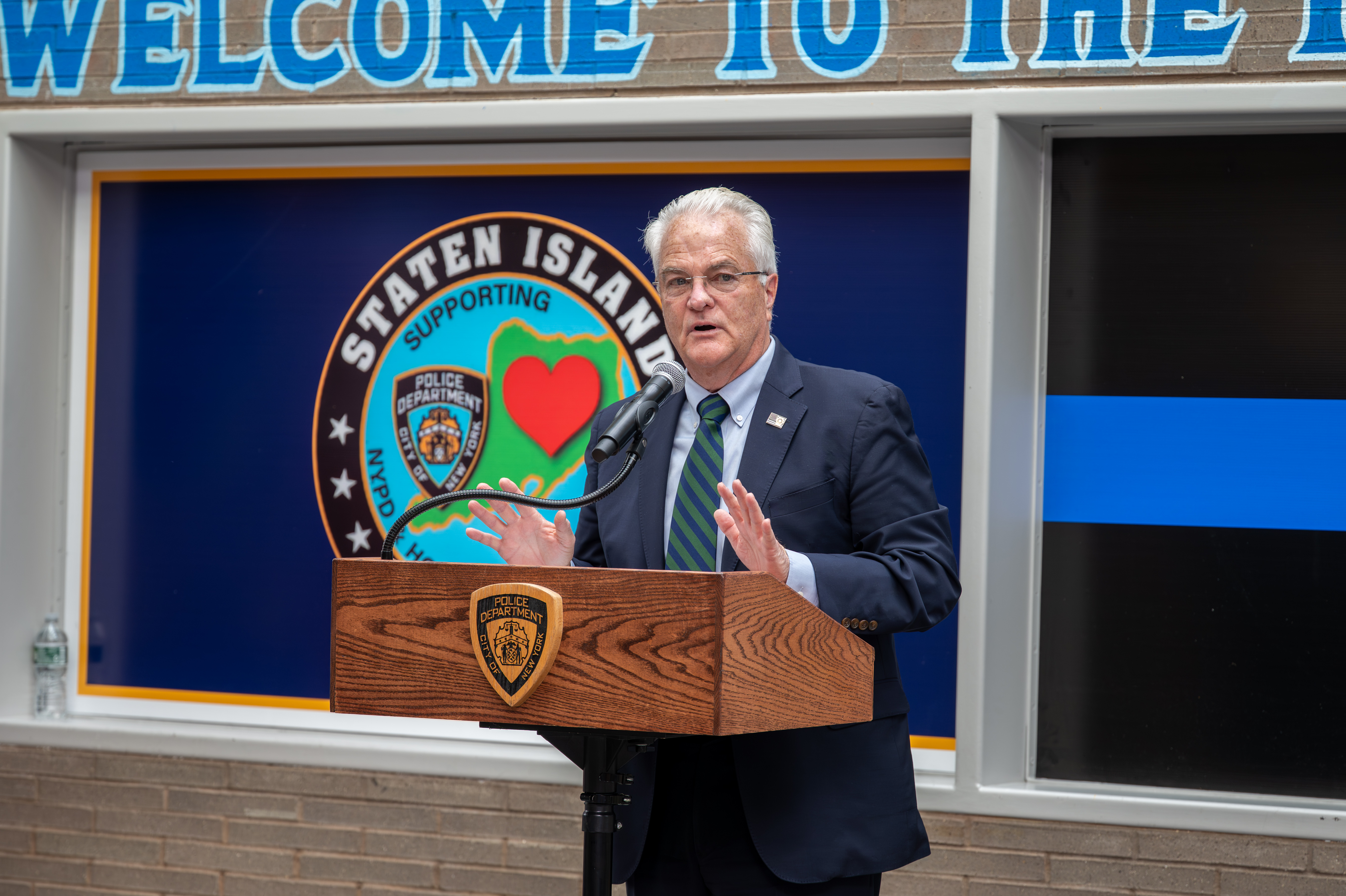 District Attorney Michael E. McMahon speaks at the 121st Precinct on Saturday, November 15, 2025, in Graniteville, for the 10th annual Staten Island Remembers, honoring fallen Staten Islanders who served in the New York Police Department. (Owen Reiter for the Advance/SILive.com)