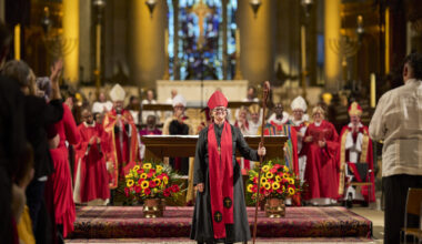 The newly-installed Bishop Katrina Foster greets the gathering at the Cathedral of St. John the Divine. Photo credit: Bob Williams