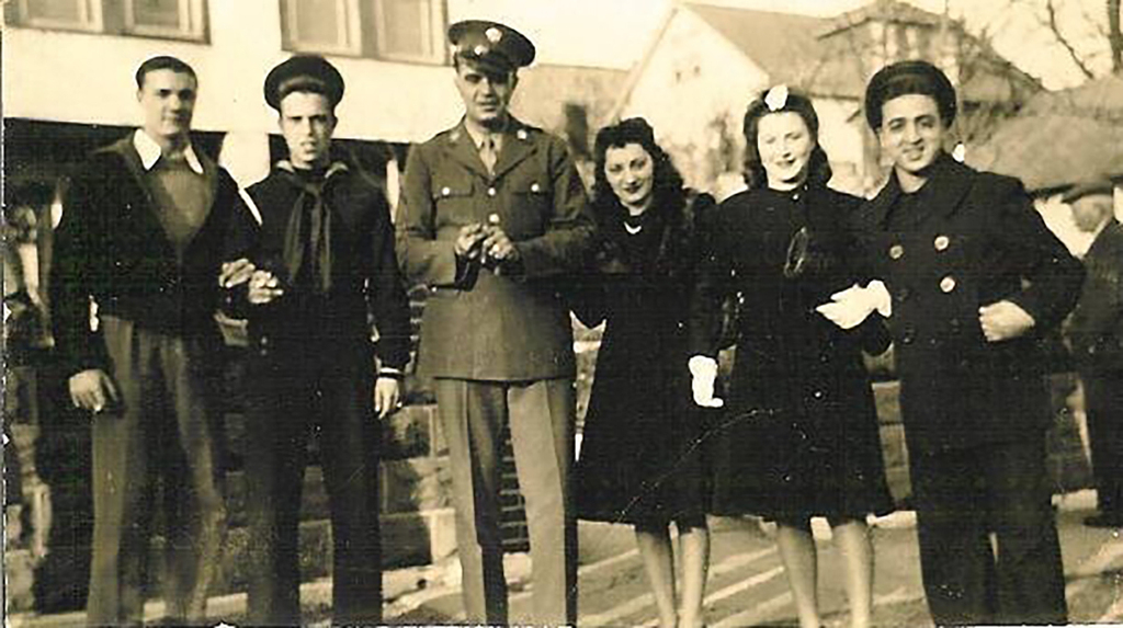 Mel Scalici (proprietor of Jomel Jewelers in Stapleton), far right and Benny Benanti (second from the left) on shore leave stateside from the U. S. Coast Guard, circa 1942. Both Mel and Benny remained friends for life and settled in their hometown South Beach after the war, helped to found the Cespino-Russo American Legion club on McLean Avenue, and married Josephine and Jean, respectively. (Submitted by Mels son, Steven Scalici)