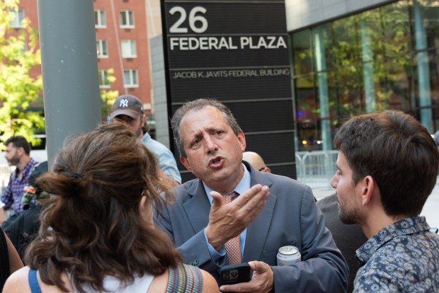 City Comptroller Brad Lander speaks to the media outside 26 Federal Plaza in Manhattan, New York on Thursday, Sept. 18, 2025. (Gardiner Anderson / New York Daily News)