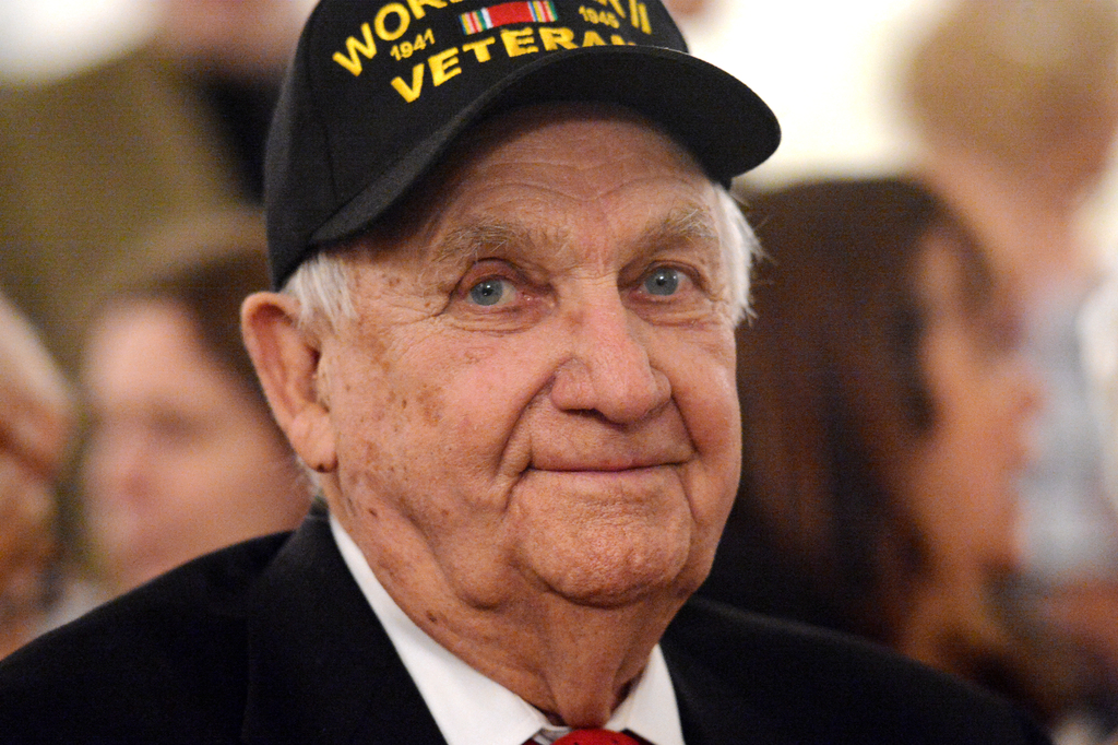 Roger Acker, who fought in the Battle of the Bulge, at the Luxembourg American Chamber of Commerce's "Welcome Home, Boys!" tribute to veterans celebrating the 70th anniversary of the Battle of the Bulge Monday, November 9, 2015 at the River Club in Manhattan. (Staten Island Advance/ Bill Lyons) Staff-Shot