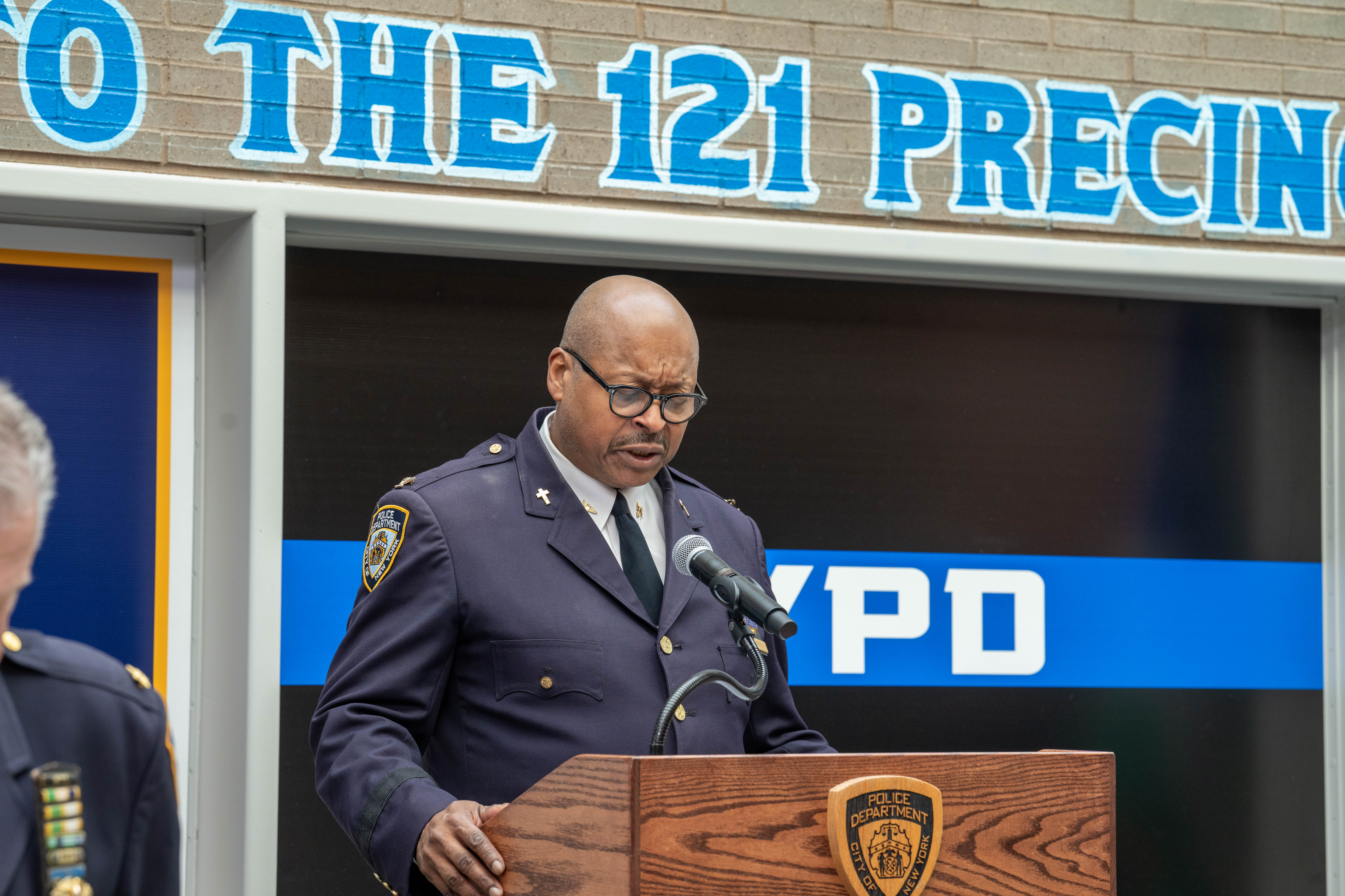 Bishop Victor Brown, NYPD Chaplain, speaks at the 121st Precinct on Saturday, November 15, 2025, in Graniteville, for the 10th annual Staten Island Remembers, honoring fallen Staten Islanders who served in the New York Police Department. (Owen Reiter for the Advance/SILive.com)