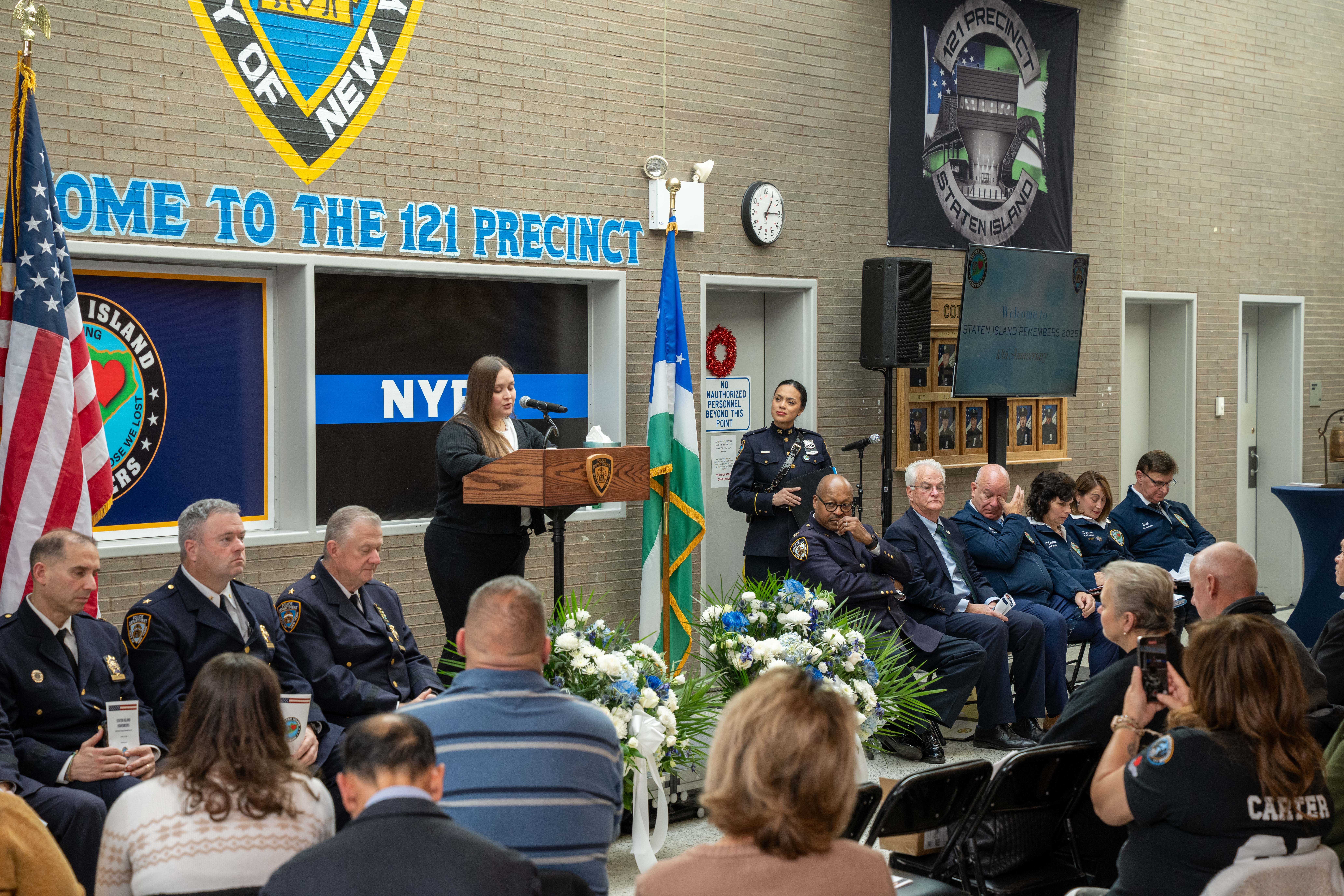 Friends, family, community leaders, elected officials, and fellow NYPD members gather at the 121st Precinct on Saturday, November 15, 2025, in Graniteville for the 10th annual Staten Island Remembers, honoring fallen Staten Islanders who served in the New York Police Department. (Owen Reiter for the Advance/SILive.com)