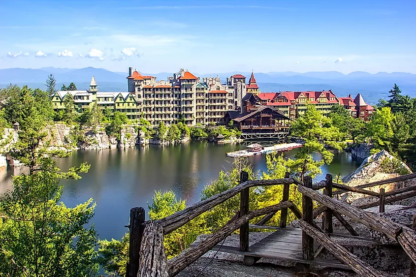 Scenic View of Mohonk Mountain House and Lake in New Paltz, New York.