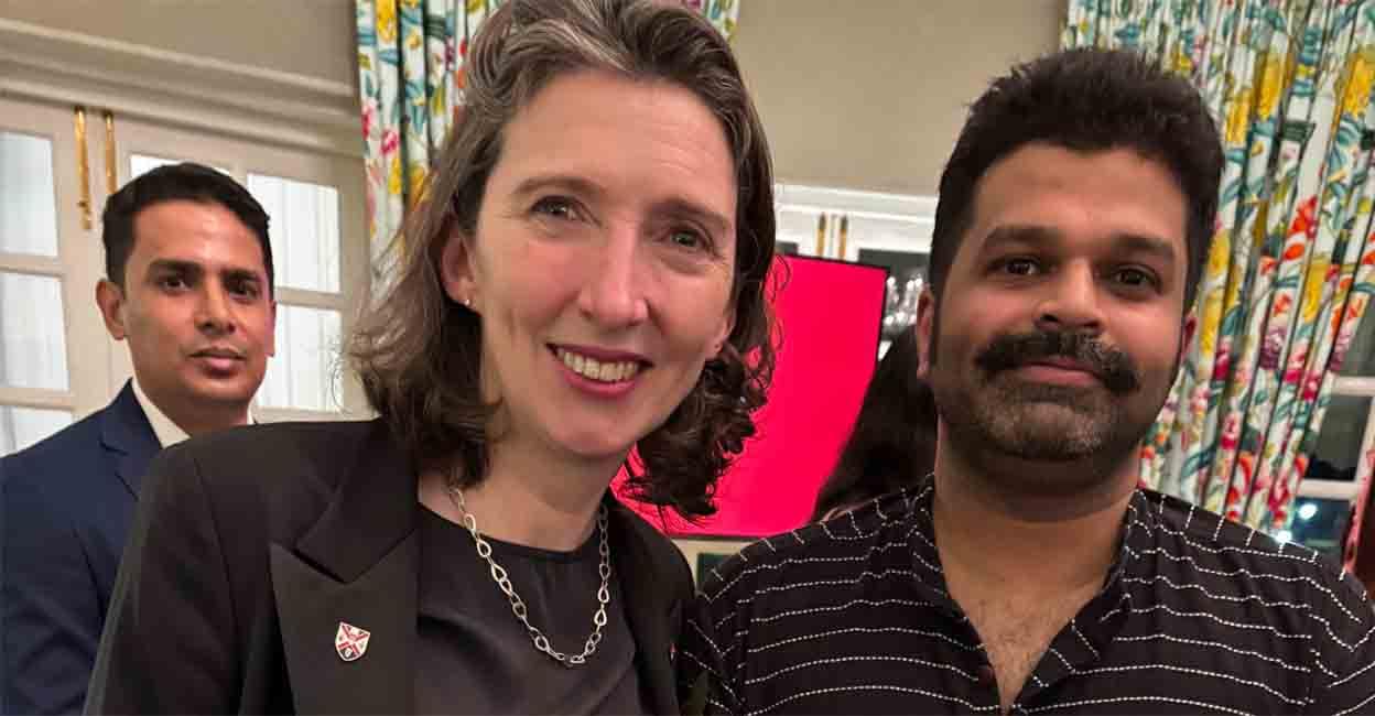 Aswin Sekhar with British High Commissioner to India Linda Cameron. Photo: Special arrangement