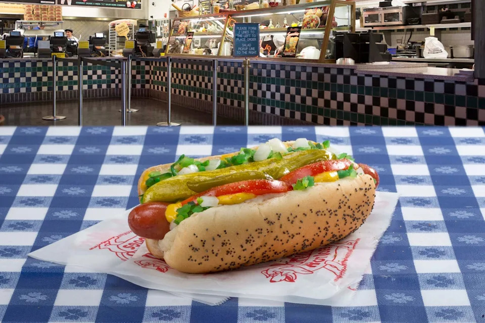 Pictured is a classic Chicago dog, as served at Portillo's (Portillo's)