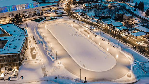 Aerial view of the snow-covered speed skating oval in the Lake Placid Olympic Village