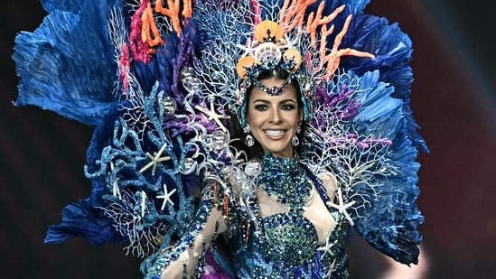 Miss Bonaire Nicole Peiliker Visser walks on stage during the 2025 Miss Universe national costume presentation in Nonthaburi, north of Bangkok.(AFP)