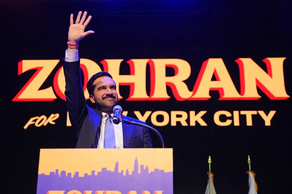 New York City Mayoral candidate Zohran Mamdani celebrates during an election night event.
