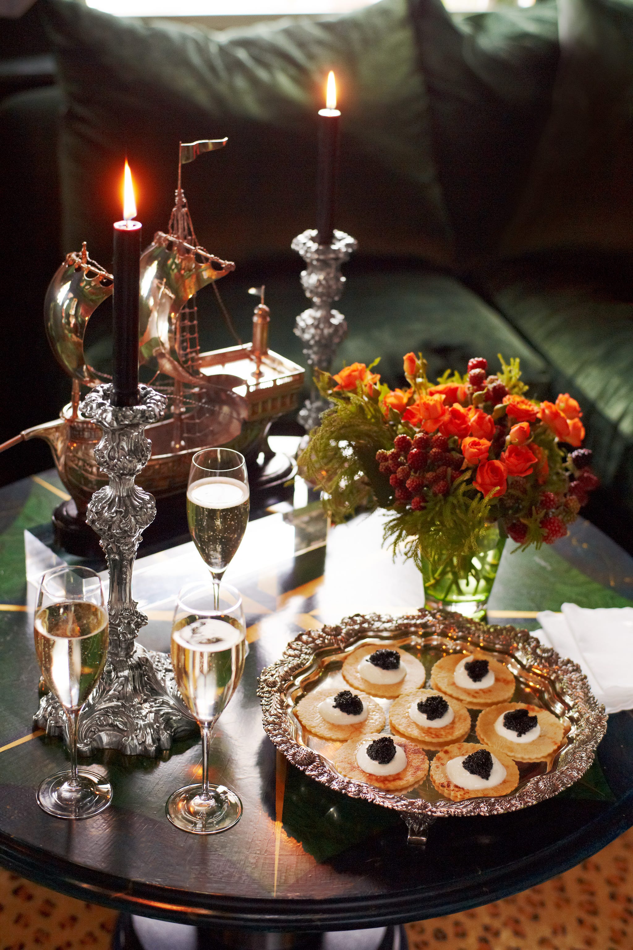 hutton wilkinson entertaining moment with caviar and champagne