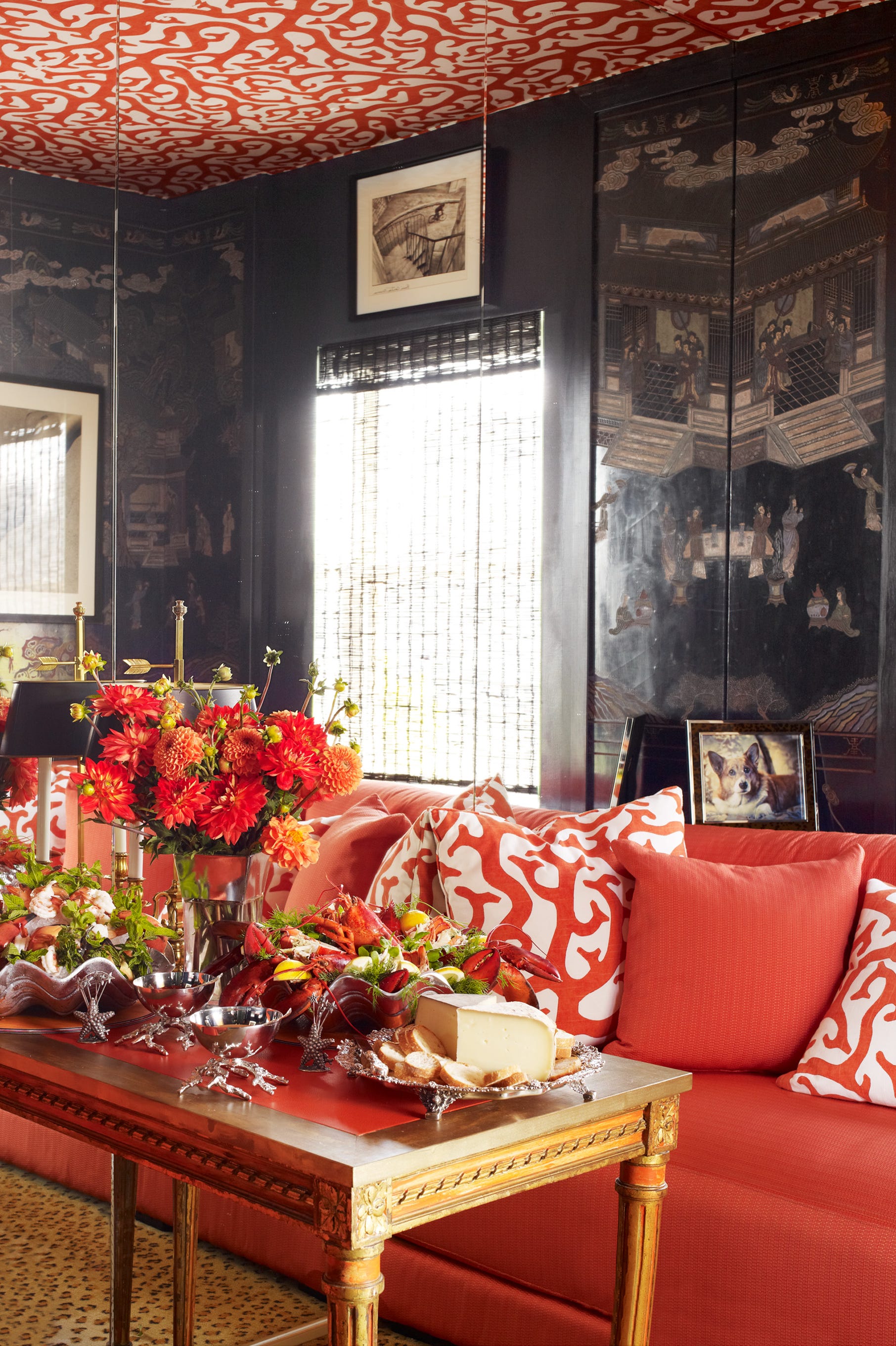 living room by hutton wilkinson in graphic corals and blacks