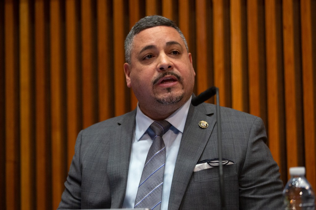 NYPD Commissioner Edward Caban speaks at 1 Police Plaza about crime statistics.