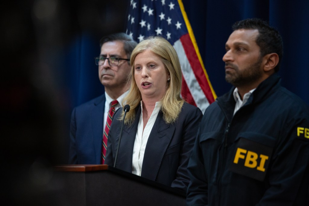 NYPD Commissioner Jessica Tisch speaks in Brooklyn alongside FBI Director Kash Patel about an NBA gambling investigation,