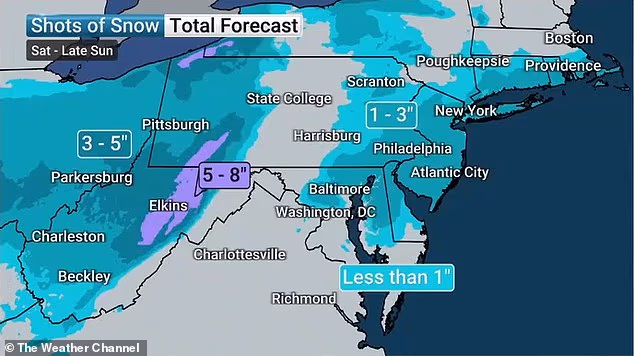 The snowfall expectations for various regions in the Northeast and Central US