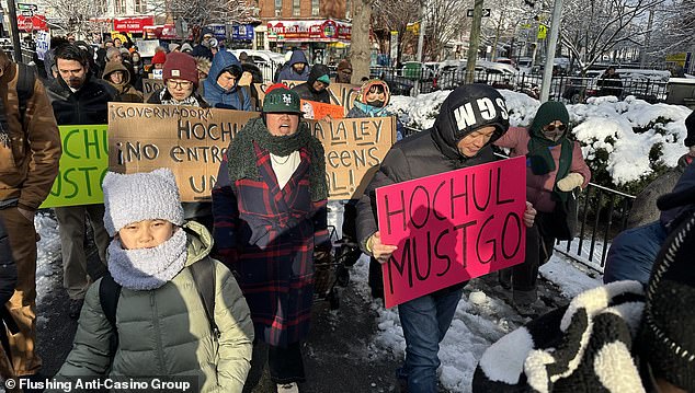 Many of the signs at the protest were in Spanish and expressed outrage at politicians who supported the casinos. Their frustration with Governor Kathy Hochul was the most apparent
