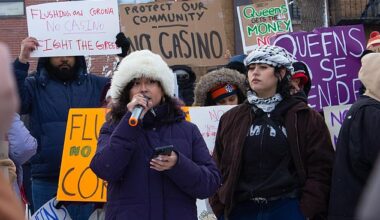 Graciela Quispe, a 27-year-old resident of Corona, Queens, speaks at a rally where residents furiously protested the Metropolitan Park casino