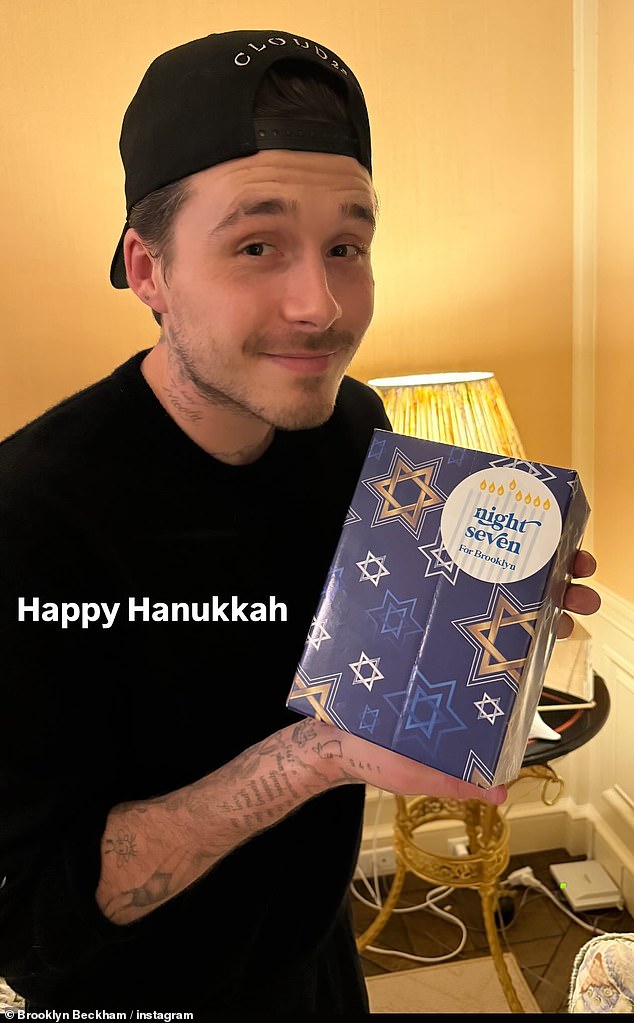 As his feud with his famous family escalates, Brooklyn Beckham took to Instagram on Sunday to share a snap showing his Hanukkah celebrations with his wife Nicola Peltz