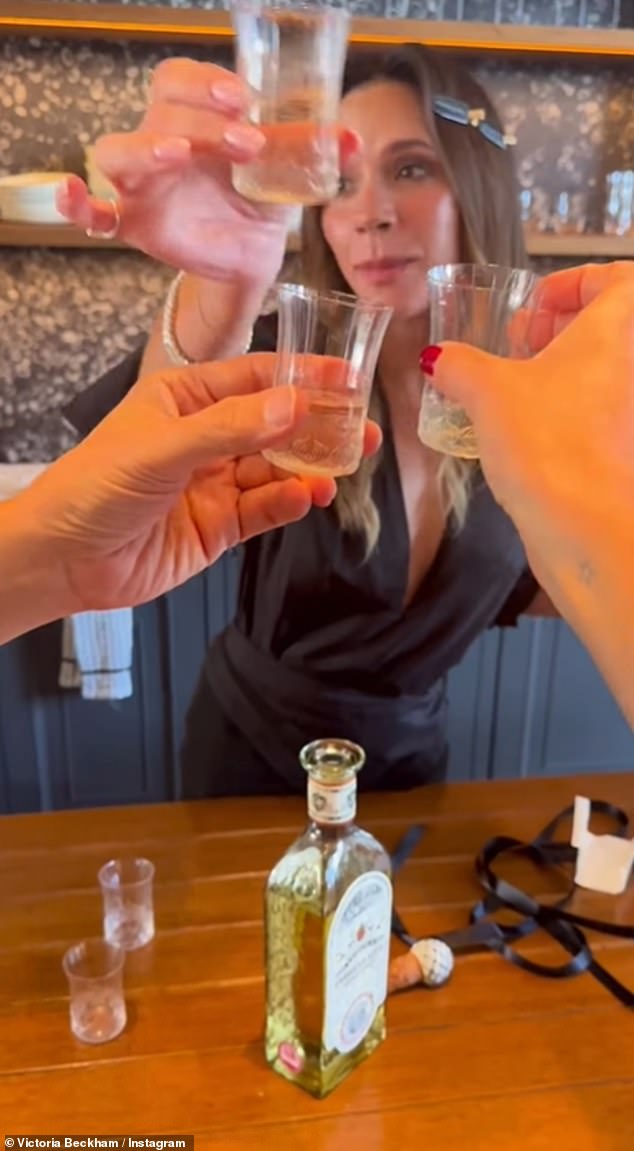 Taking to Instagram she cheersed her shot and joked to the team at her fashion and beauty brand: 'Cheers to me! Enough about me what do you guys think about me?'