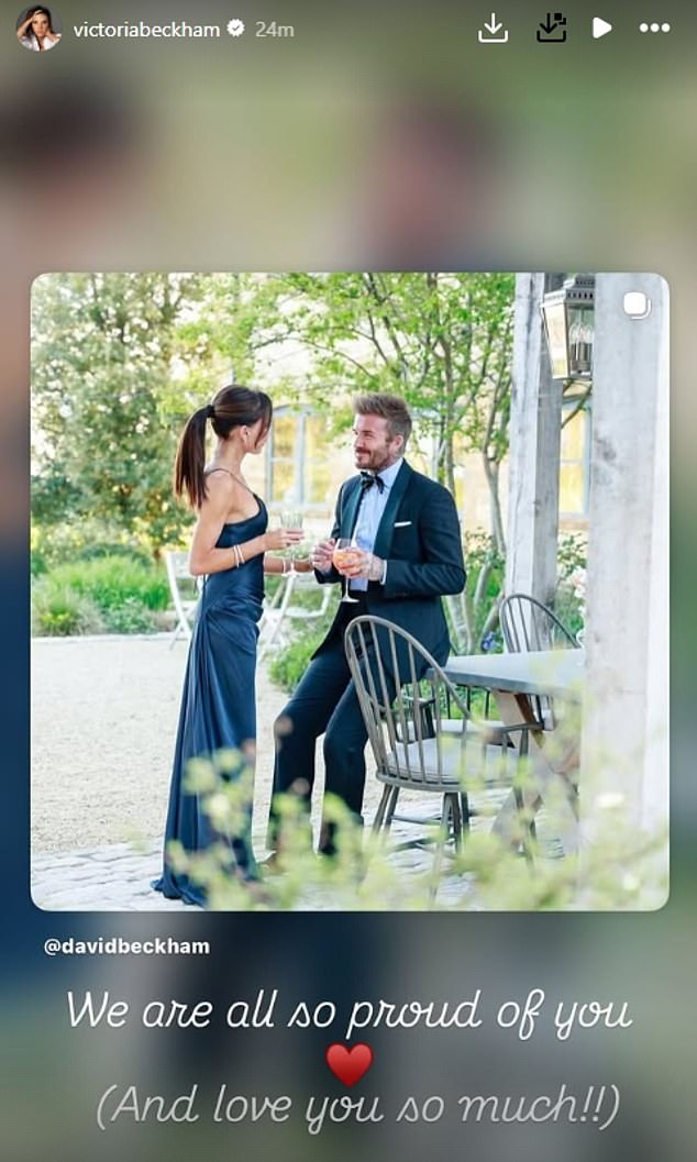 Victoria showed support for her husband by resharing his post, and writing: 'We are all so proud of you (and love you so much!)'